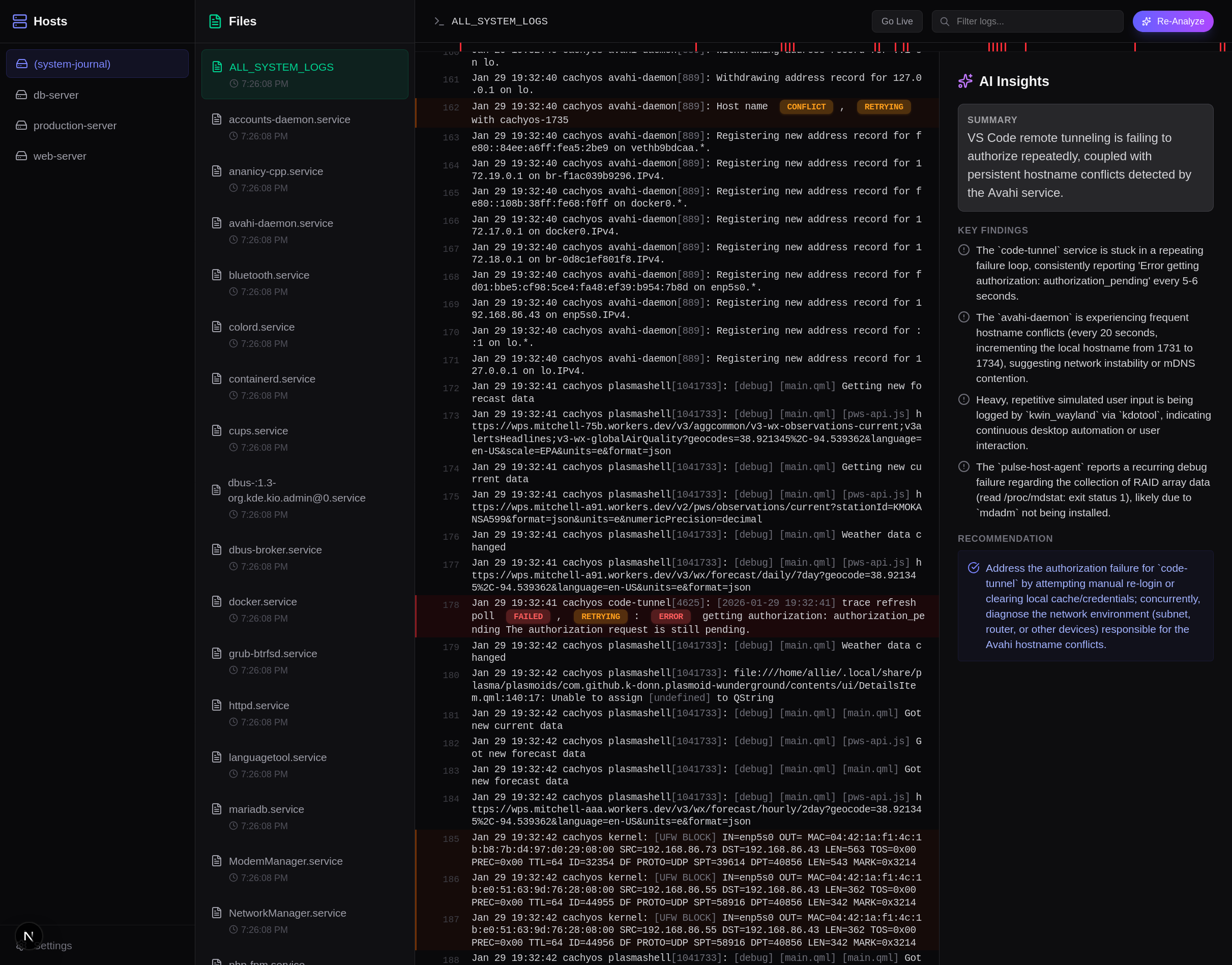 Alogi showing live log tailing with AI analysis panel